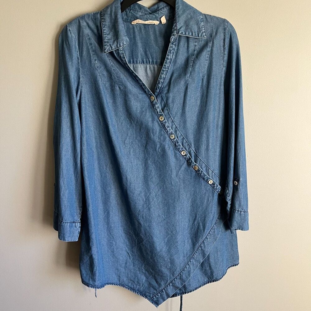 Soft Surroundings Tunic Top Asymmetrical Button Crossover S Tencel Chambray
